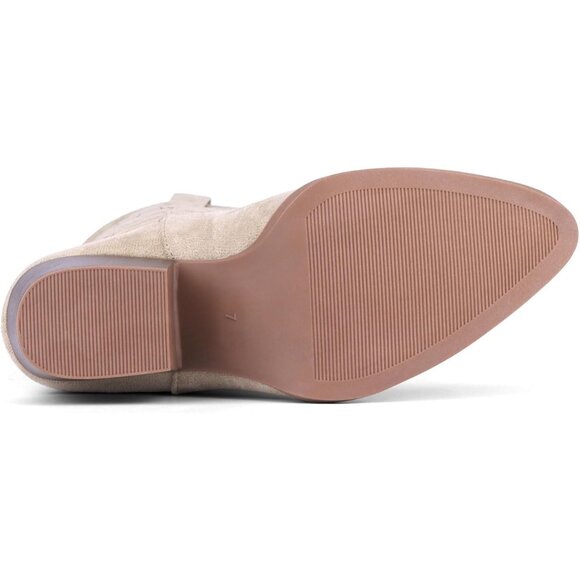 Women Beige Suede Mid Calf Chunky Block Heel Western Embroidered Fashion Boot - Picture 6 of 7